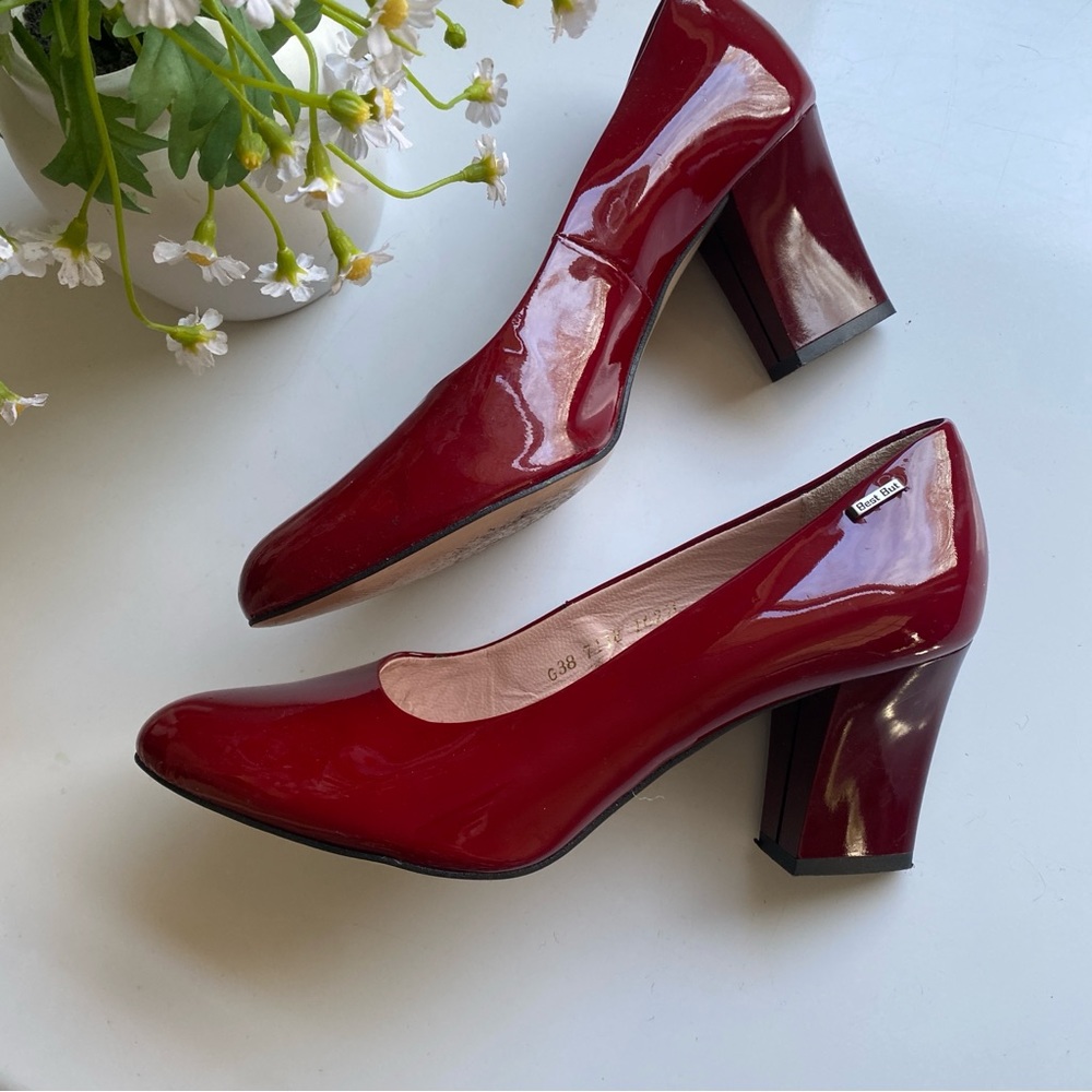 BEST BUT Women’s Patent Leather Ruby Red Round Toe Block Heel Pumps Size 38